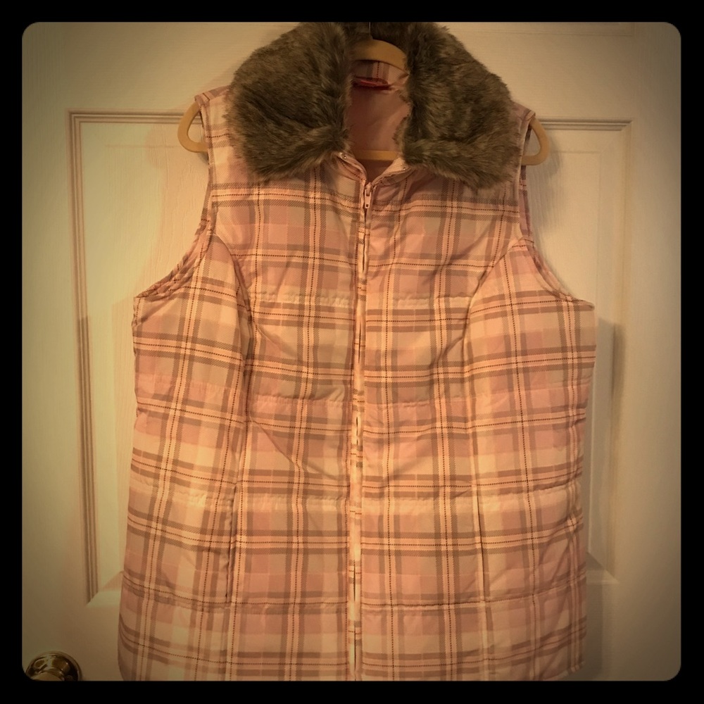 Pink Plaid Puffer Vest with fur collar